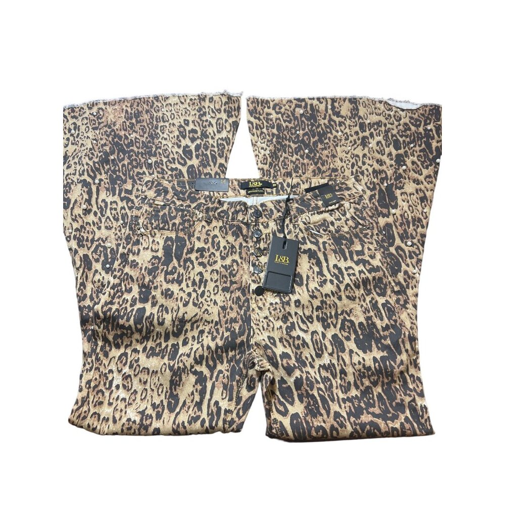 L&B Lucky Blessed Leopard High Rise Flare Jeans Faux Pearls Cheetah Sz 16 NWT